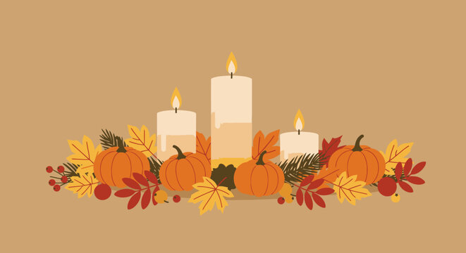 Pumpkins leaves berries and three burning candles on a brown background create a fall harvest arrangement