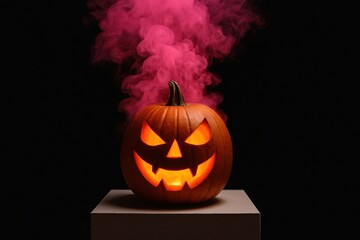 A spooky Halloween pumpkin with a sinister grin, illuminated with vibrant orange light and surrounded by pink smoke, perfect for seasonal decor and festive promotions.