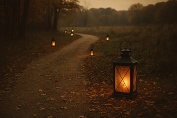 A serene autumn path illuminated by glowing lanterns, creating a warm and inviting atmosphere perfect for storytelling or cozy event themes.