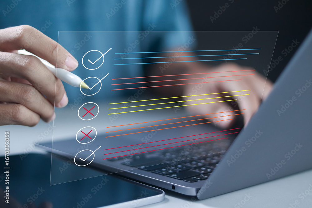 Poster survey quiz checklist concept, claim checklist approved disapproved paper document report. choose co