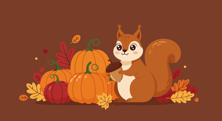 Squirrel holding acorn pumpkins leaves in a brown setting