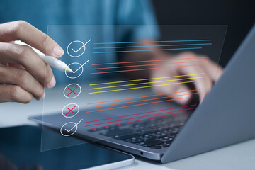 Survey quiz checklist concept, claim checklist approved disapproved paper document report. choose...