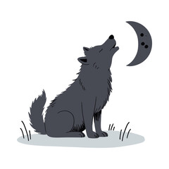 A gray wolf howling at the crescent moon.