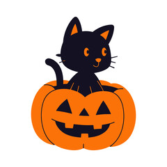 Adorable black kitten sitting inside a carved Halloween Jackolantern.