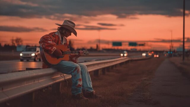Guitarist on Roadside: A lone guitarist sits serenely at sunset, the warm orange sky casting long shadows. His music echoing over the open road and passing cars, an acoustic reverie