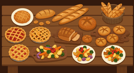 Table laden with assorted baked goods and vegetable dishes displayed against a wooden background