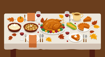 Thanksgiving feast turkey mashed potatoes pumpkin pie drinks and foliage on a table