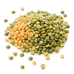 Close-up of dried split peas isolated on a plain white background, showing their vibrant yellow color