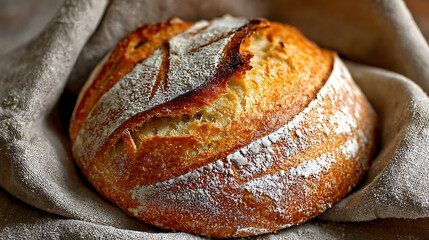 Close-up view of freshly baked sourdough with crusty top, flour dusting,