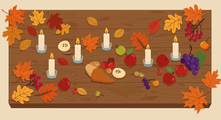 Thanksgiving table leaves candles cornucopia apples grapes on wood