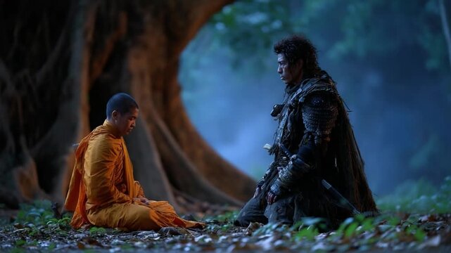 Spiritual Encounter in a Mystic Grove: A profound scene unfolds in a mystic grove, where a serene monk in saffron robes engages in a deep conversation with a warrior clad in dark attire.