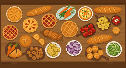 Wood table covered in food pies bread carrots tomatoes potatoes onion peppers and greens