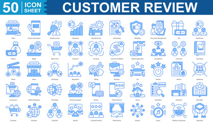 Customer Review Icon Set Collection Concept With Icon Of seller, contact information, quality control, popularity, manufacturing, advertising, reliability, document editble stroke eps 10