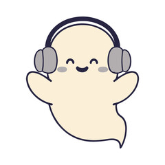Cute Kawaii Ghost Character with Headphones Listening to Music.