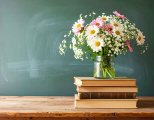 A bouquet of daisies and baby's breath sits atop a stack of books against a chalkboard.