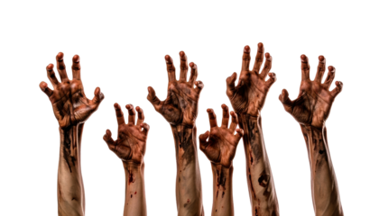 Emergence: Multiple muddy arms reaching up in a display of struggle, despair, or determination, offering a stark image of adversity.