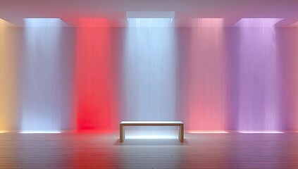 Empty bench bathed in colorful light streams