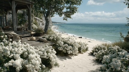 Picturesque coastal cottage overlooking a sandy beach.