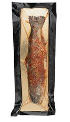 Salmon in a clear plastic bag tray cut out isolated transparent background