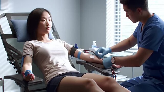 Young Asian Woman Calmly Donating Blood Attended by a Medical Professional in a Bright Clinic Setting Conveying Routine Healthcare and Medical Examination Blood Transfusion on World Blood Donor Day