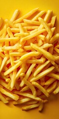Golden french fries piled high on a yellow surface