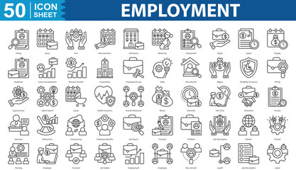 Employment Icon Set Collection. Containing hiring, leave, remuneration, dormitory, maternity, assessment, wage, salary, payday, applicant, career development Icon eps 10