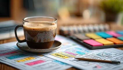A cup of coffee sits on a desk with website wireframes