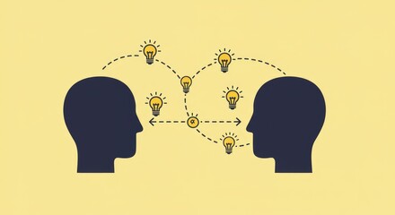 Silhouette heads exchange lightbulb-shaped ideas, connected by dotted lines, symbolizing communication & brainstorming