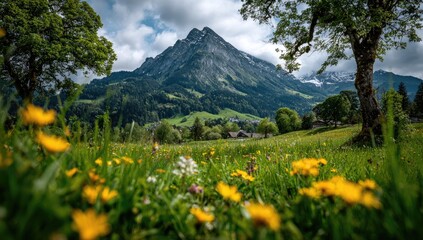 Lush meadow with wildflowers, mountain backdrop