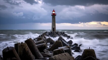 Coastal lighthouse with crashing waves and dramatic sky beacon of light against the horizon guiding ships