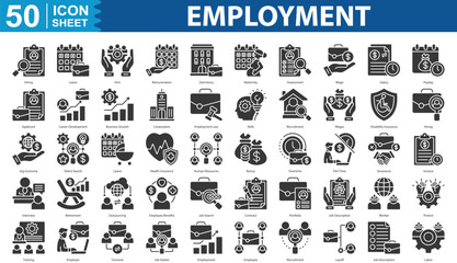 Employment Icon Set Collection. Containing hiring, leave, remuneration, dormitory, maternity, assessment, wage, salary, payday, applicant, career development Icon eps 10