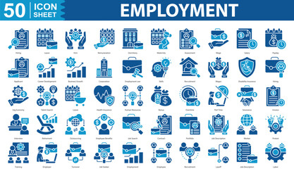 Employment Icon Set Collection. Containing hiring, leave, remuneration, dormitory, maternity, assessment, wage, salary, payday, applicant, career development Icon eps 10