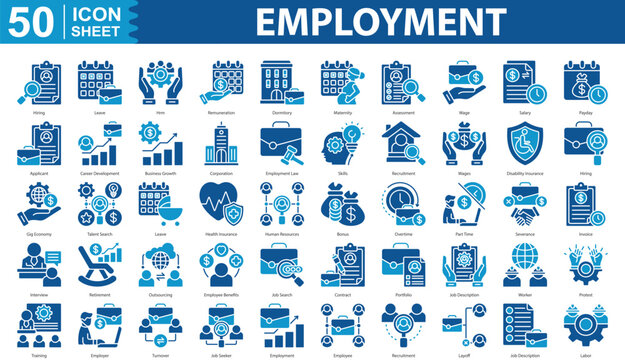 Employment Icon Set Collection. Containing hiring, leave, remuneration, dormitory, maternity, assessment, wage, salary, payday, applicant, career development Icon eps 10