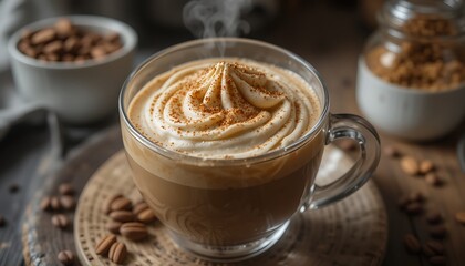 Cozy Coffee Cup with Creamy Topping and Almonds Still Life