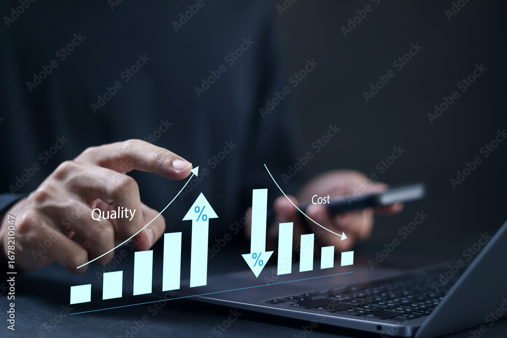 Poster cost and quality control concept. person using laptop with cost and quality icons to improve work ef