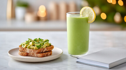 A healthy breakfast featuring avocado toast on whole grain bread and a refreshing green smoothie, set on a marble table with a notebook in the background.