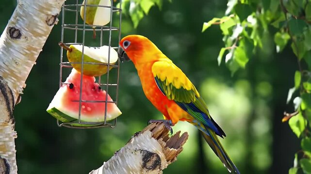 Vibrant Sun Conure Aratinga solstitialis Perched on a Birch Branch Eating Watermelon and Pear from a Feeder with Lush Green Foliage Background in Natural Daylight