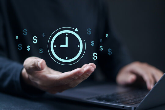Time is money. Long financial investment, future income and money profit benefit. Businessman showing time and money icons on virtual screen.