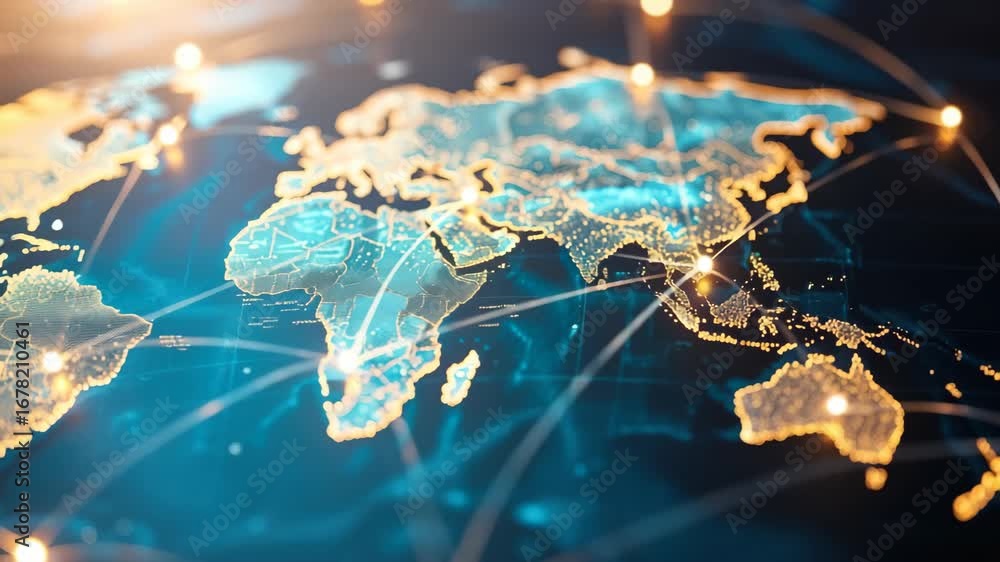 Poster aerial view of a digital world map with glowing connections, illustrating global networking. perfect