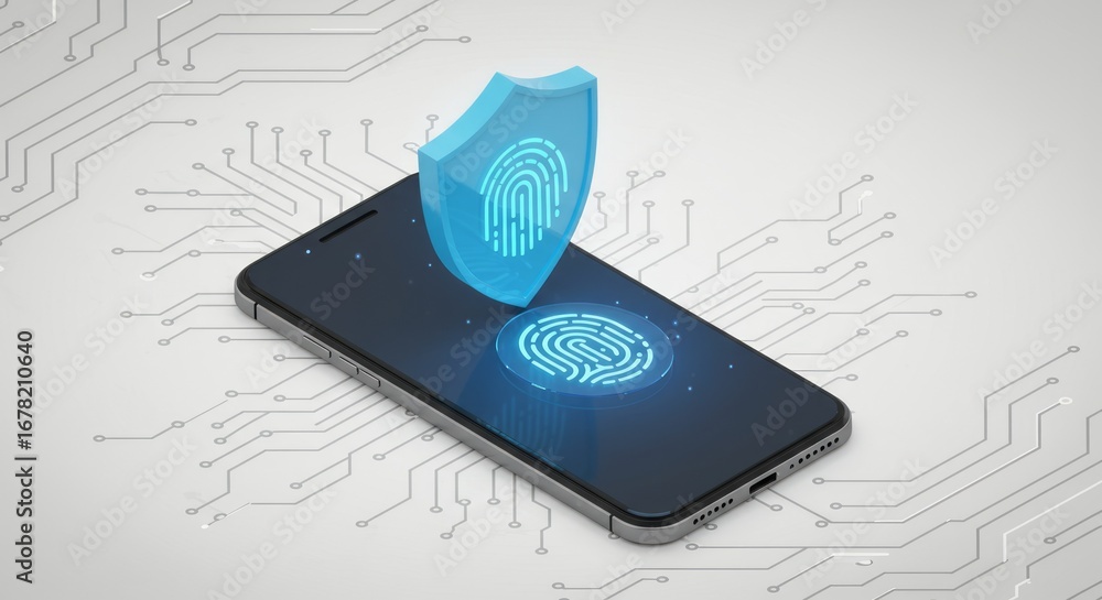 Poster smartphone with fingerprint sensor and shield icon, suggesting security. circuit board pattern backg