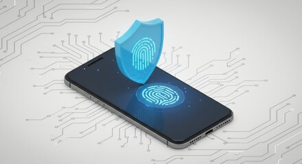Smartphone with fingerprint sensor and shield icon, suggesting security. Circuit board pattern background. Isometric perspective. Digital representation