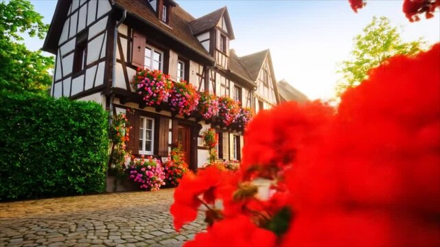 Colorful flowers surround charming half timbered house