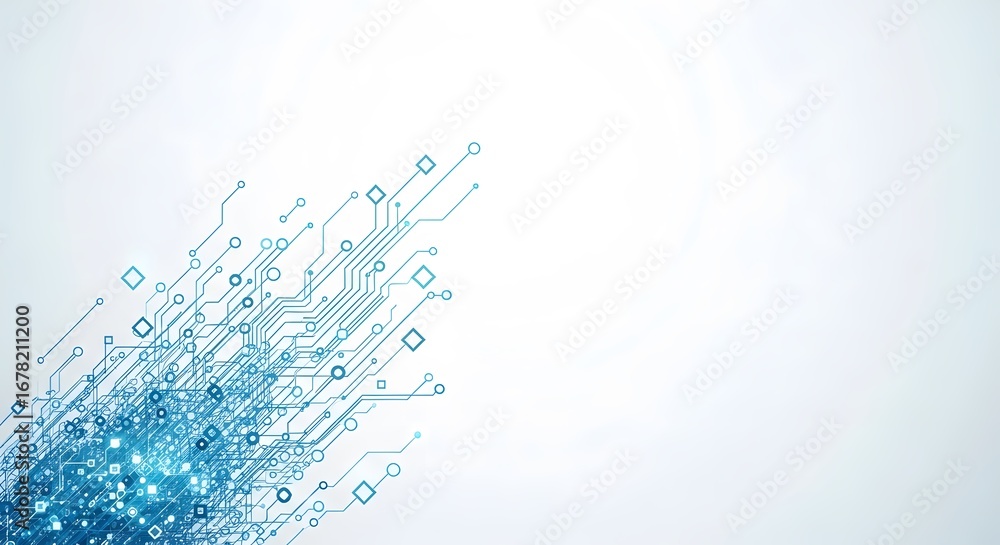 Poster abstract digital circuit board pattern with glowing blue lines and particles exploding outwards on a
