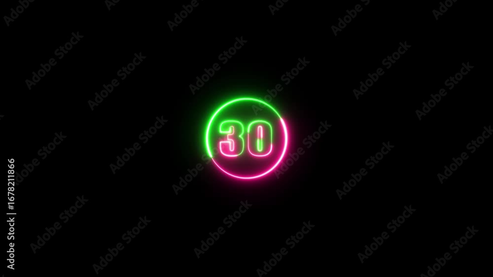 Poster animation of neon number 30. multi color looping trendy glowing neon numeric number. educational mat