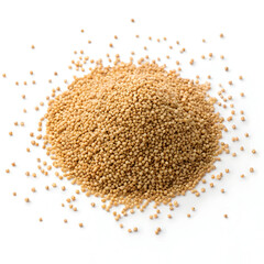 Close-up of teff grains isolated on a white background, showing their tiny size, round shape,