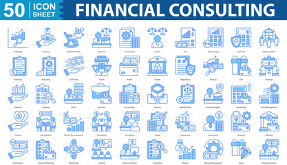 Financial Consulting Icon Set Collection. property, retirement plan, attorney, accounting, lawyer, fee, tax calculate, insurance, representative, planning, reporting editbale stroke eps 10
