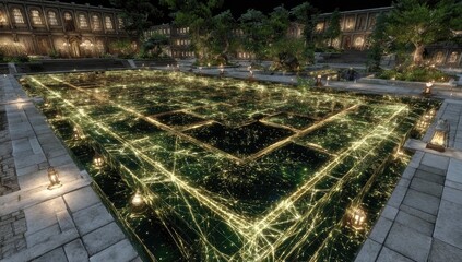 Luminous maze in a courtyard pool.  Nighttime view.  Ornate buildings surround.  Illuminated pathways
