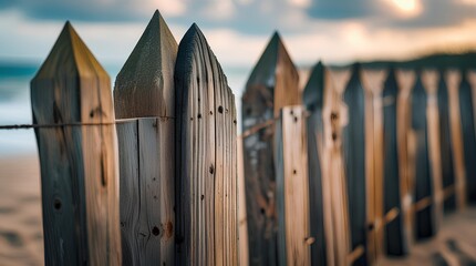 Fototapeta premium Close-up of a rustic wooden fence with pointed tops, captured in shallow depth of field 