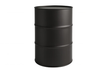 Black metal oil barrel standing isolated on transparent background, photorealistic 3d rendering highlighting industrial petroleum storage container for graphic design compositing