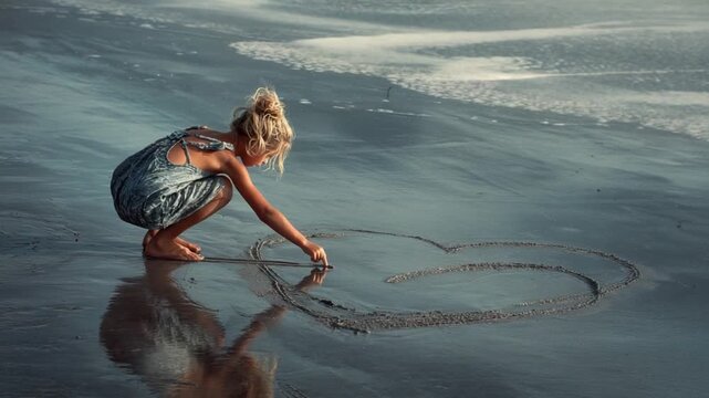 Heartfelt Scribbles on the Shore: A figure, bathed in soft daylight, kneels by the water's edge, etching a heart into the damp sand, capturing a quiet moment of love, peace and creativity.